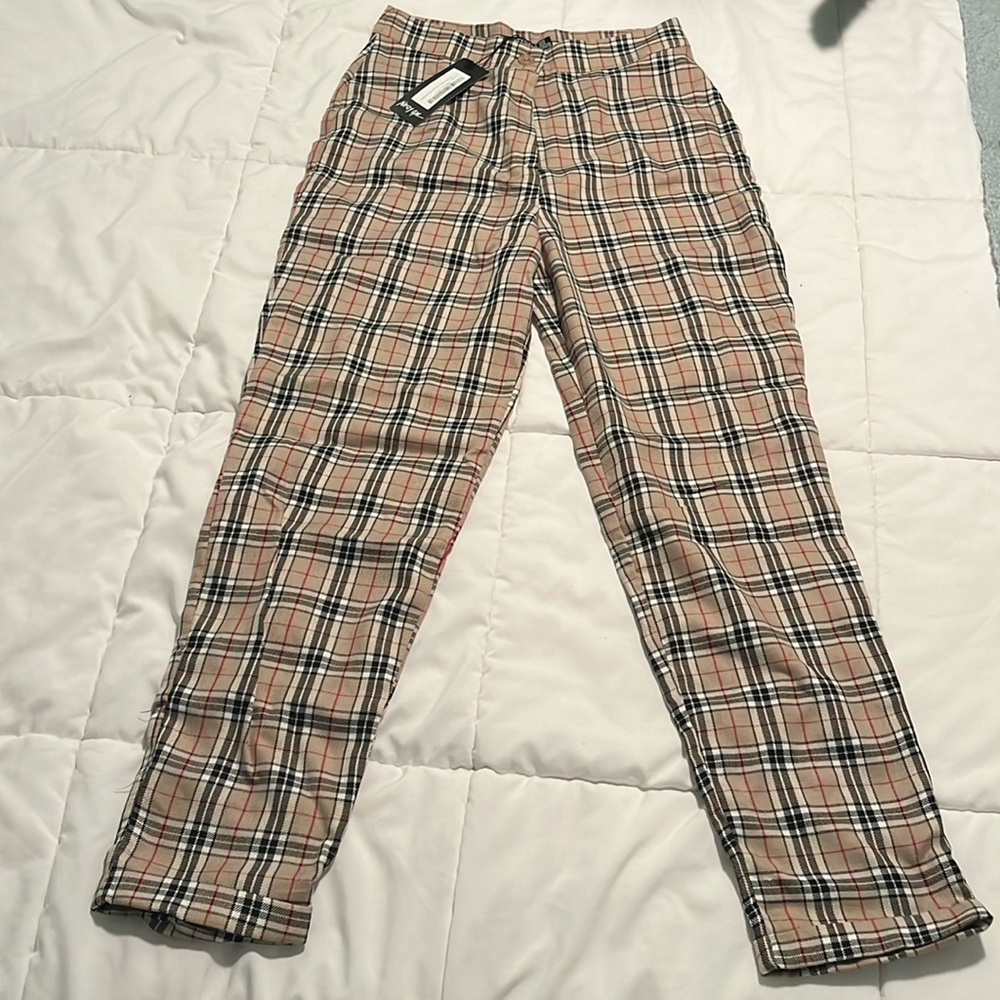 “Let’s take a rain check” tapered plaid pant beige